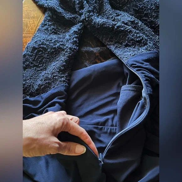 Marina evening formal dress. Cascade ruffle, lace sparkle bodice. Navy blue. 22 - Picture 13 of 16